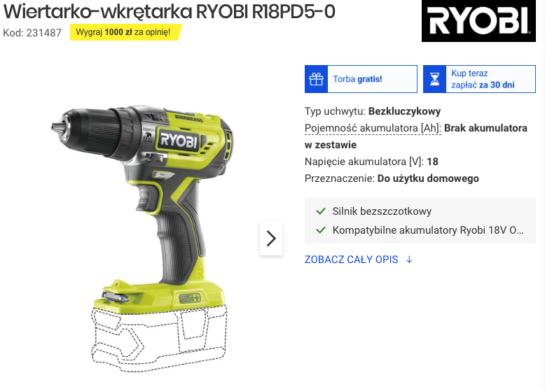 Wiertarko-wkrętarka RYOBI R18PD5-0