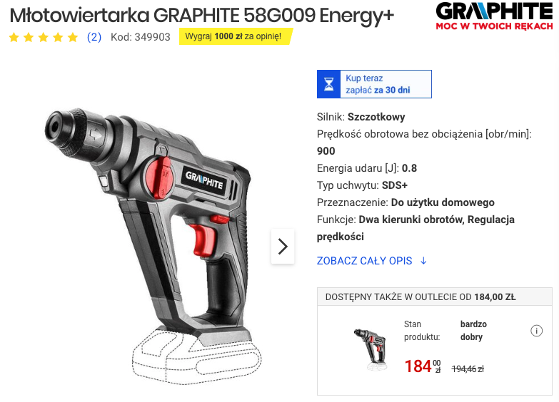 Markowe elektronarzędzia w Media Expert za kilka stówek - Cyber Monday! Młotowiertarka GRAPHITE 58G009 Energy+ ELEKTRONARZĘDZIA