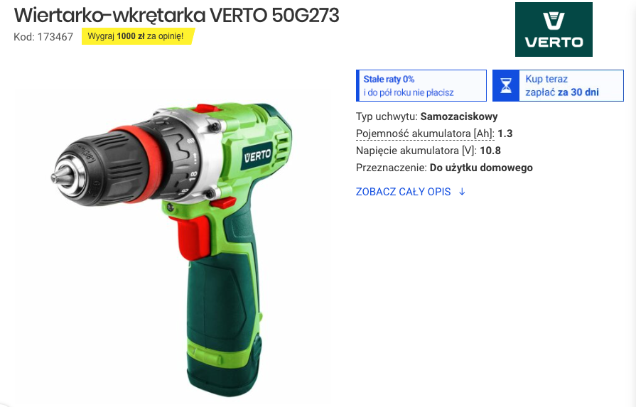 Markowe elektronarzędzia w Media Expert za kilka stówek - Cyber Monday! Wiertarko-wkrętarka Verto