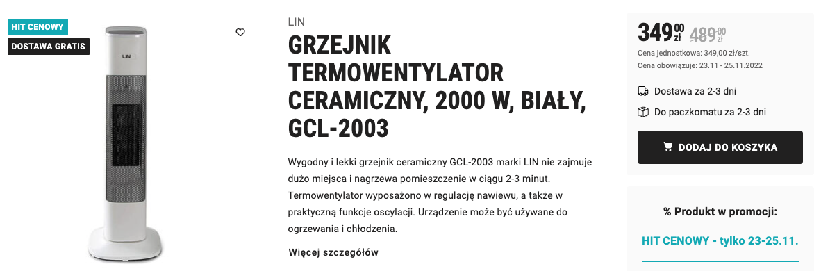 Dwa grzejniki taniej na Black Friday w Biedronce - jeden ładniejszy, drugi mądrzejszy Grzejnik ceramiczny GCL-2003