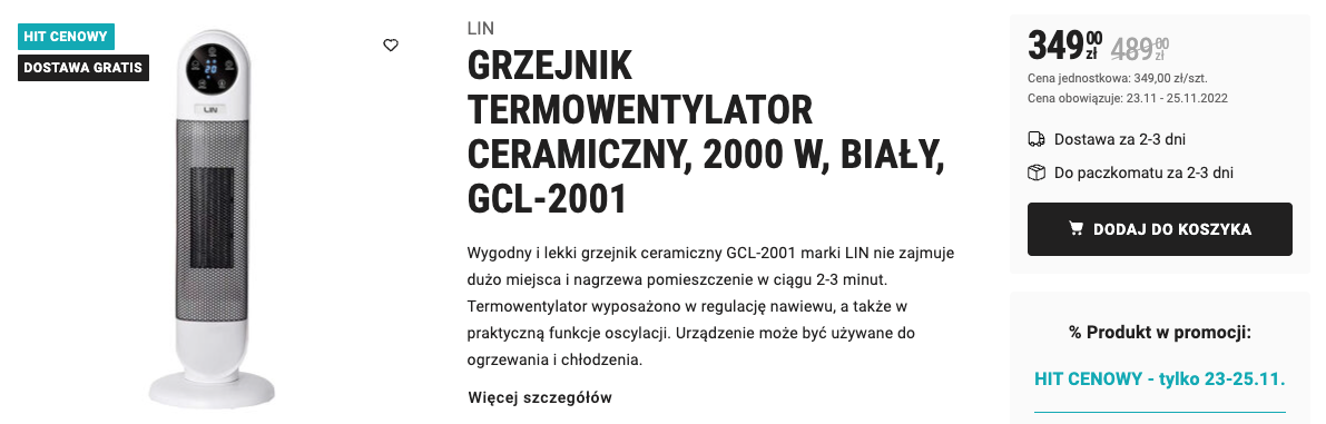 Dwa grzejniki taniej na Black Friday w Biedronce - jeden ładniejszy, drugi mądrzejszy Grzejnik ceramiczny GCL-2003