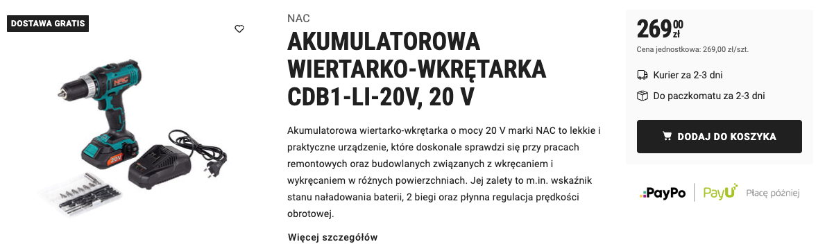 Urządzenia znanych marek, które kupisz w Biedronka Home Akumulatorowa wiertarko wkrętarka CDB1-Li-20V marki Nac