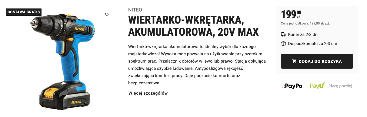 Urządzenia znanych marek, które kupisz w Biedronka Home Akumulatorowa wiertarko wkrętarka marki Niteo