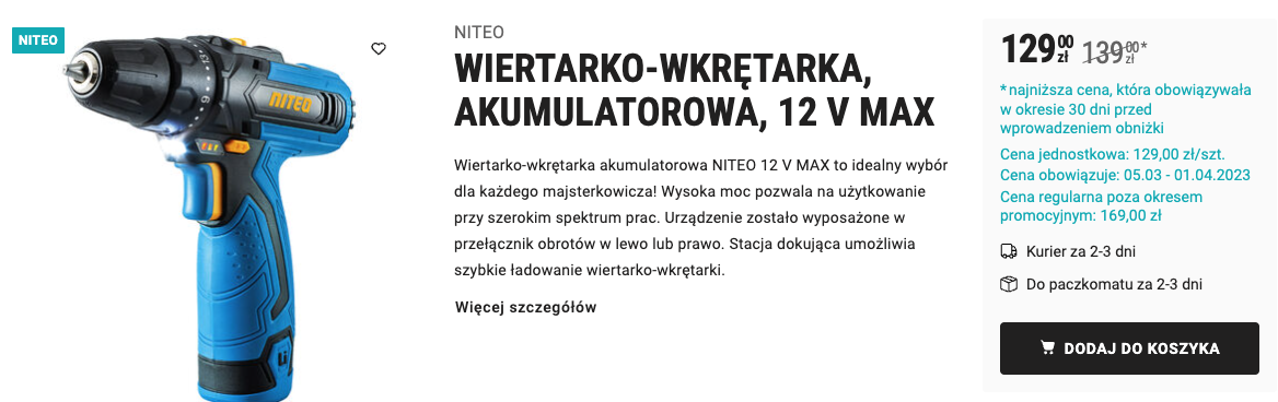 Elektronarzędzia w Biedronka Home - nie lubię przepłacać, więc ogarniam najlepsze promocje Akumulatorowa wiertarko wkrętarka marki Niteo biedronka home promocja elektronarzędzia