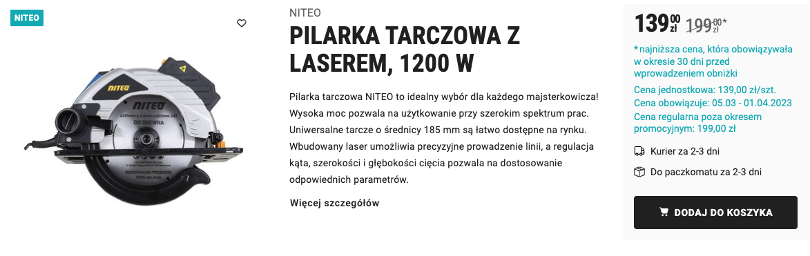 Elektronarzędzia w Biedronka Home - nie lubię przepłacać, więc ogarniam najlepsze promocje Pilarka tarczowa z laserem marki Niteo biedronka home promocja elektronarzędzia